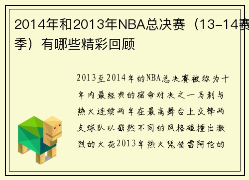 2014年和2013年NBA总决赛（13-14赛季）有哪些精彩回顾